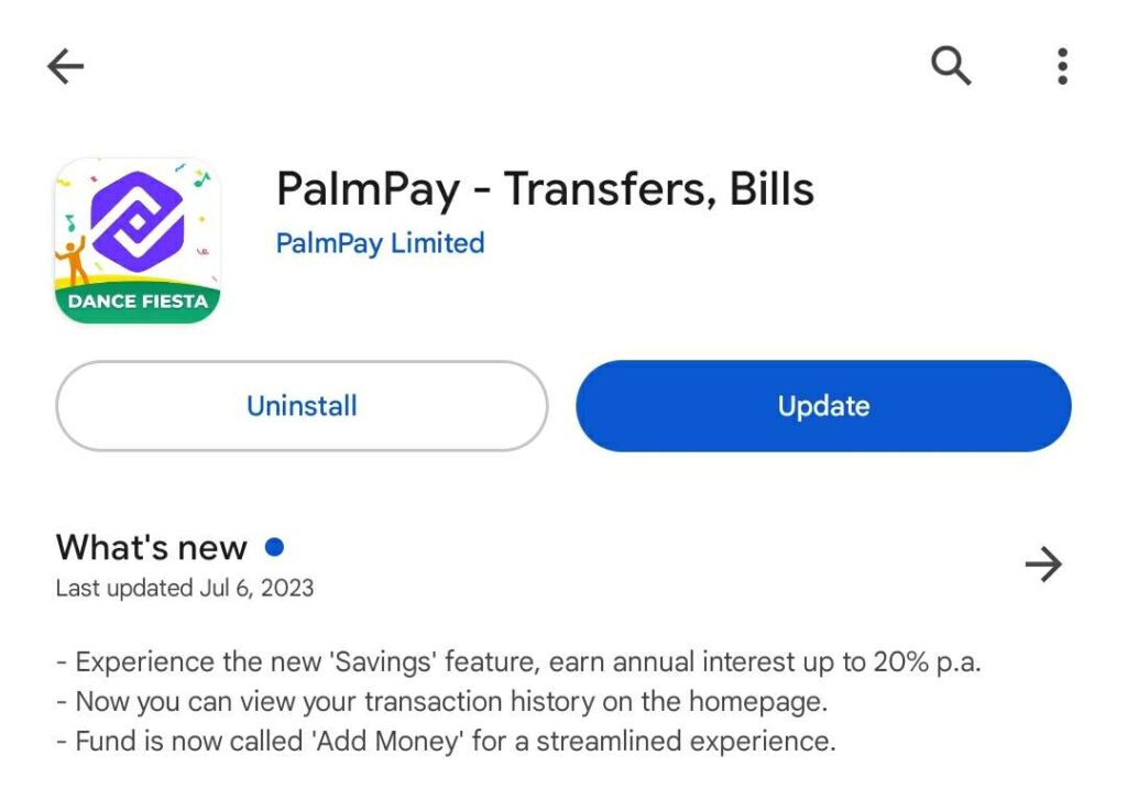 How Palmpay looks like on  google Playstore 