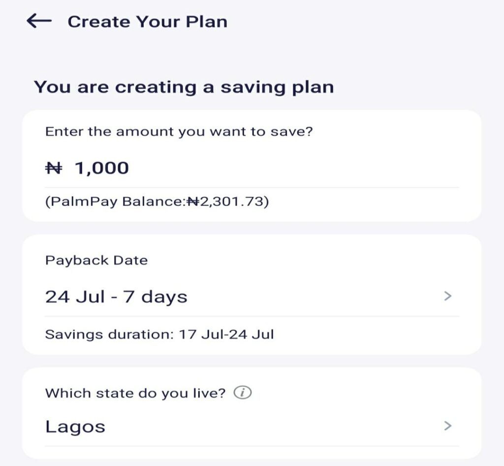 Savings plan creation details screen