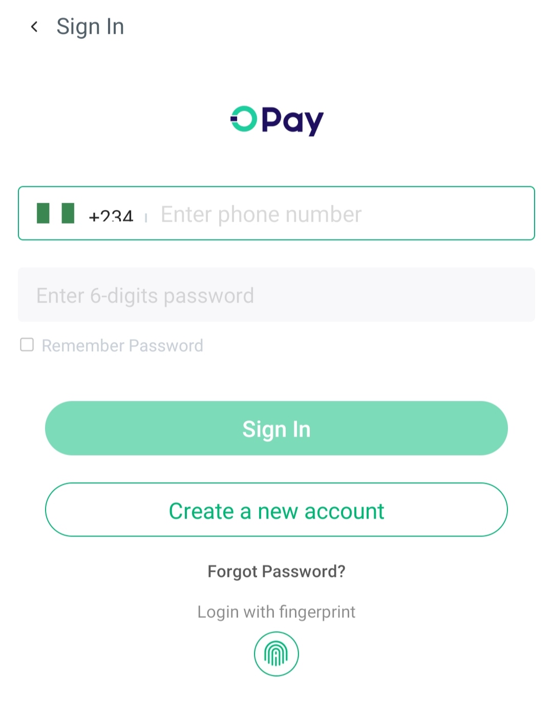 Opay app Login page after switching accounts