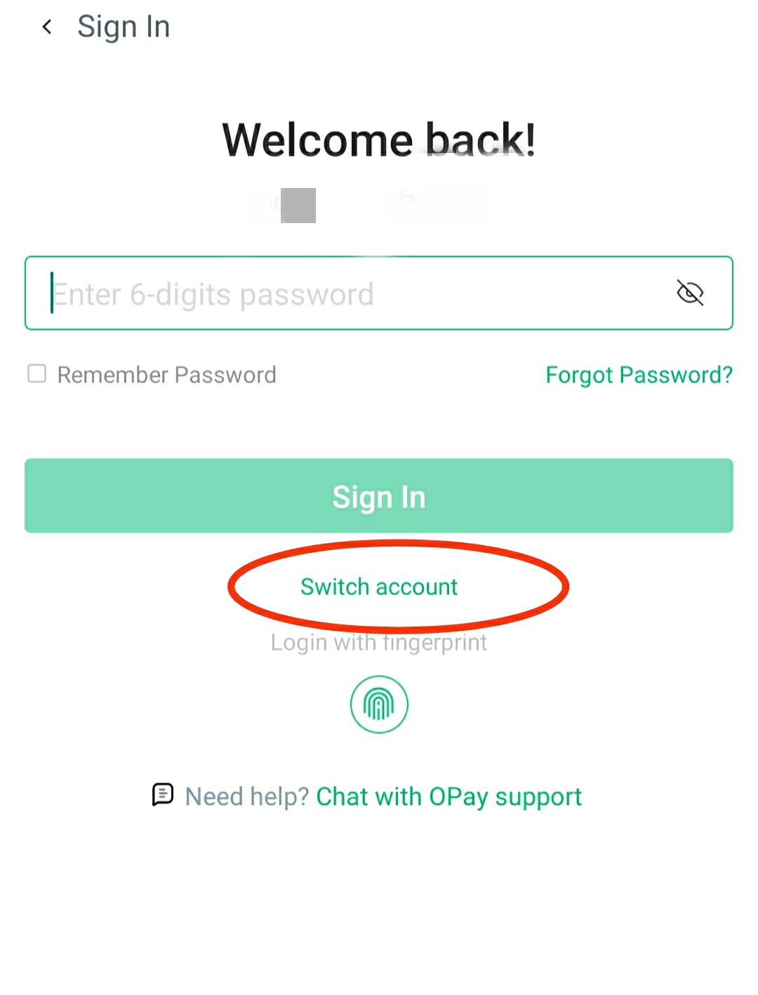 Opay app login page before switching accounts