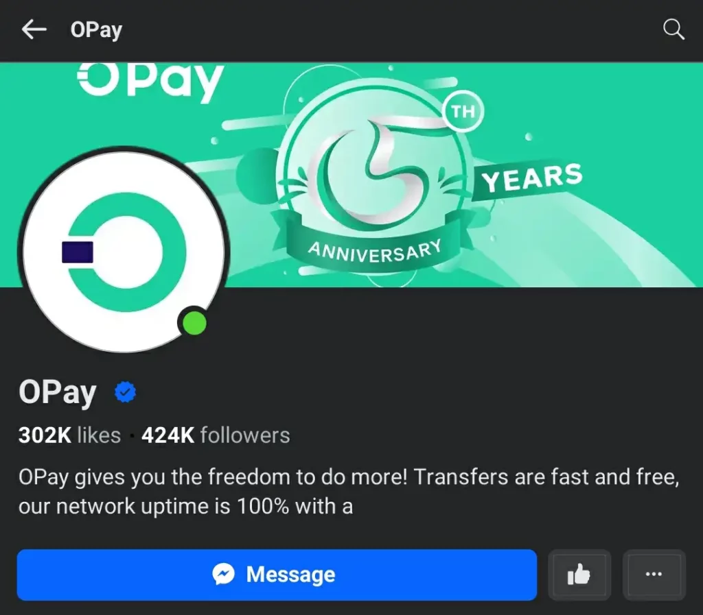 Opay official facebook account screenshot