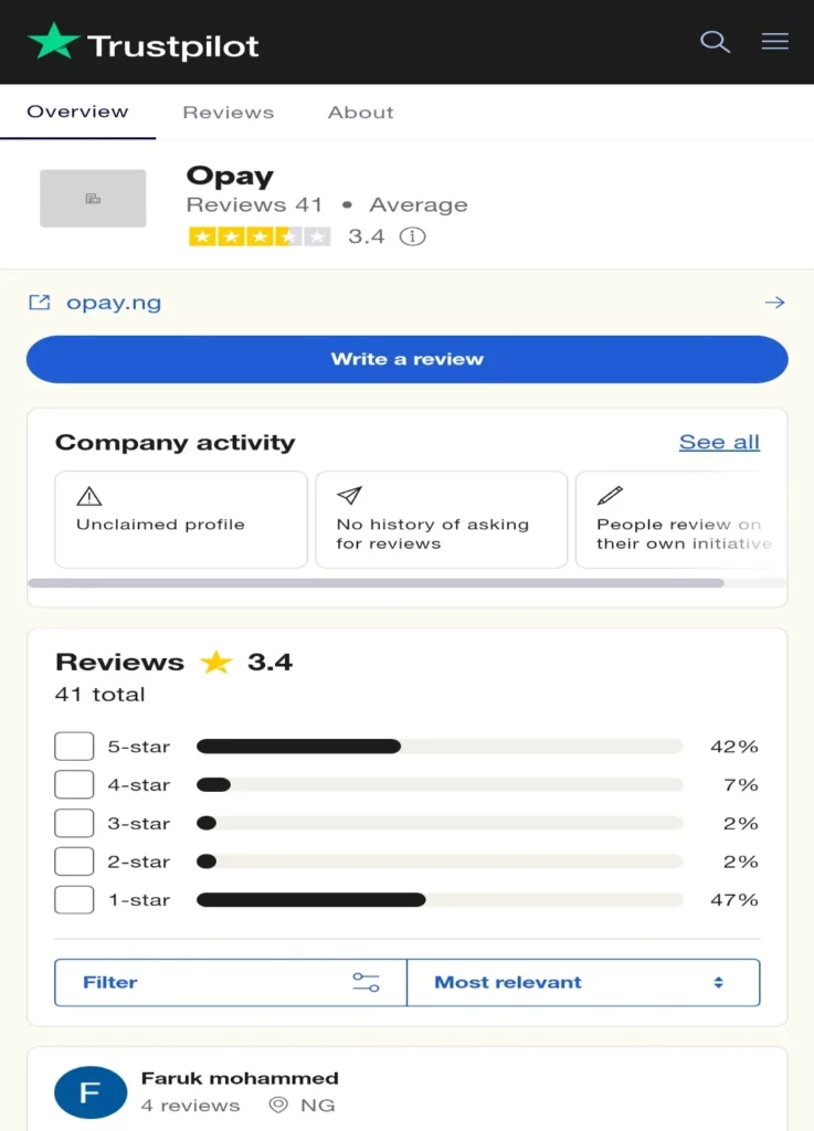 A sample Trustpilot Review page of a business